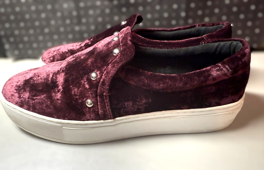 Rebecca Minkoff Noelle Stud Wine Color Velvet Slip On White Platform Size 9.5